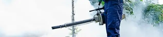 Pest control technician fogging an outdoor area for insect control in Hialeah, FL